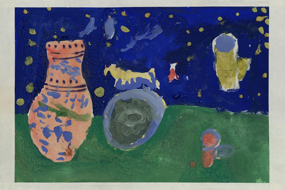 Детский рисунок «Натюрморт с кувшином на фоне звёздного неба и зеленой травы»